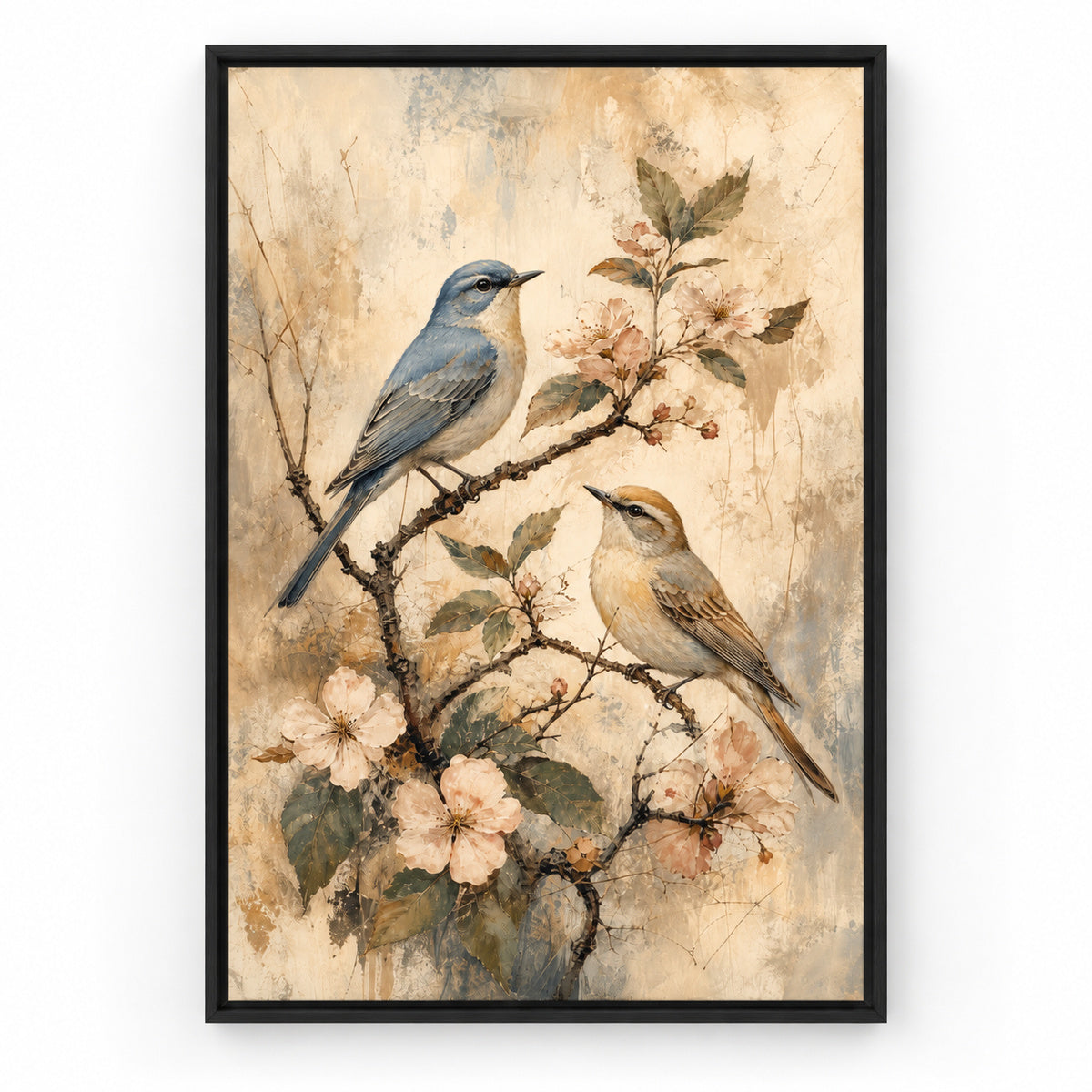 Vintage Flowering Branch Birds Canvas Wall Art | black_sku