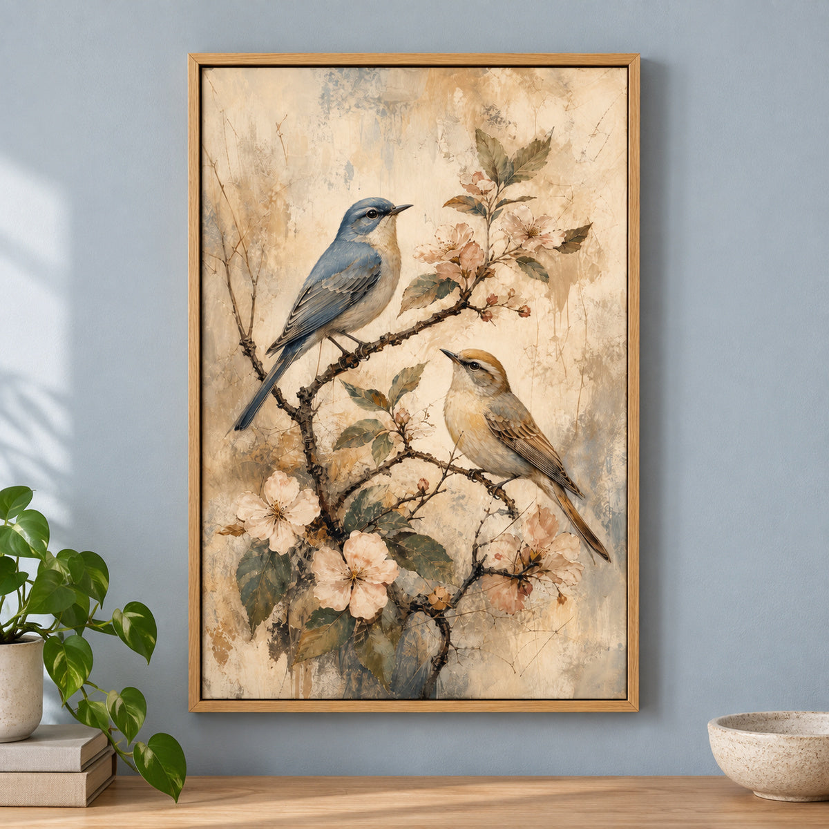 Vintage Flowering Branch Birds Canvas Wall Art | brown_independent_close