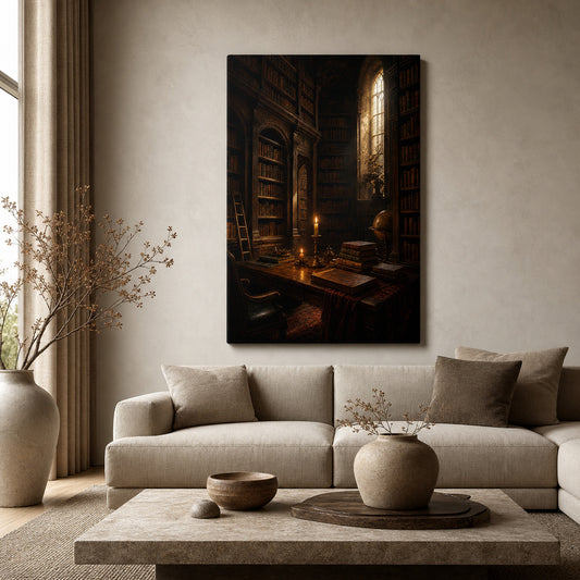 Dark Academia Old Library Canvas Wall Art — room scene