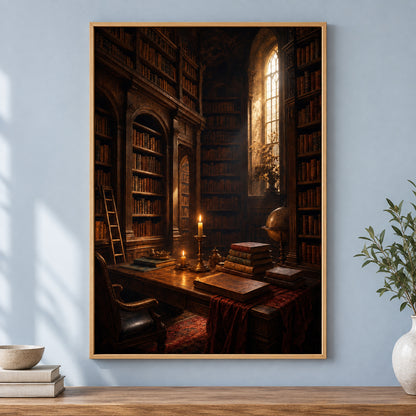 Dark Academia Old Library Canvas Wall Art | brown_independent_close