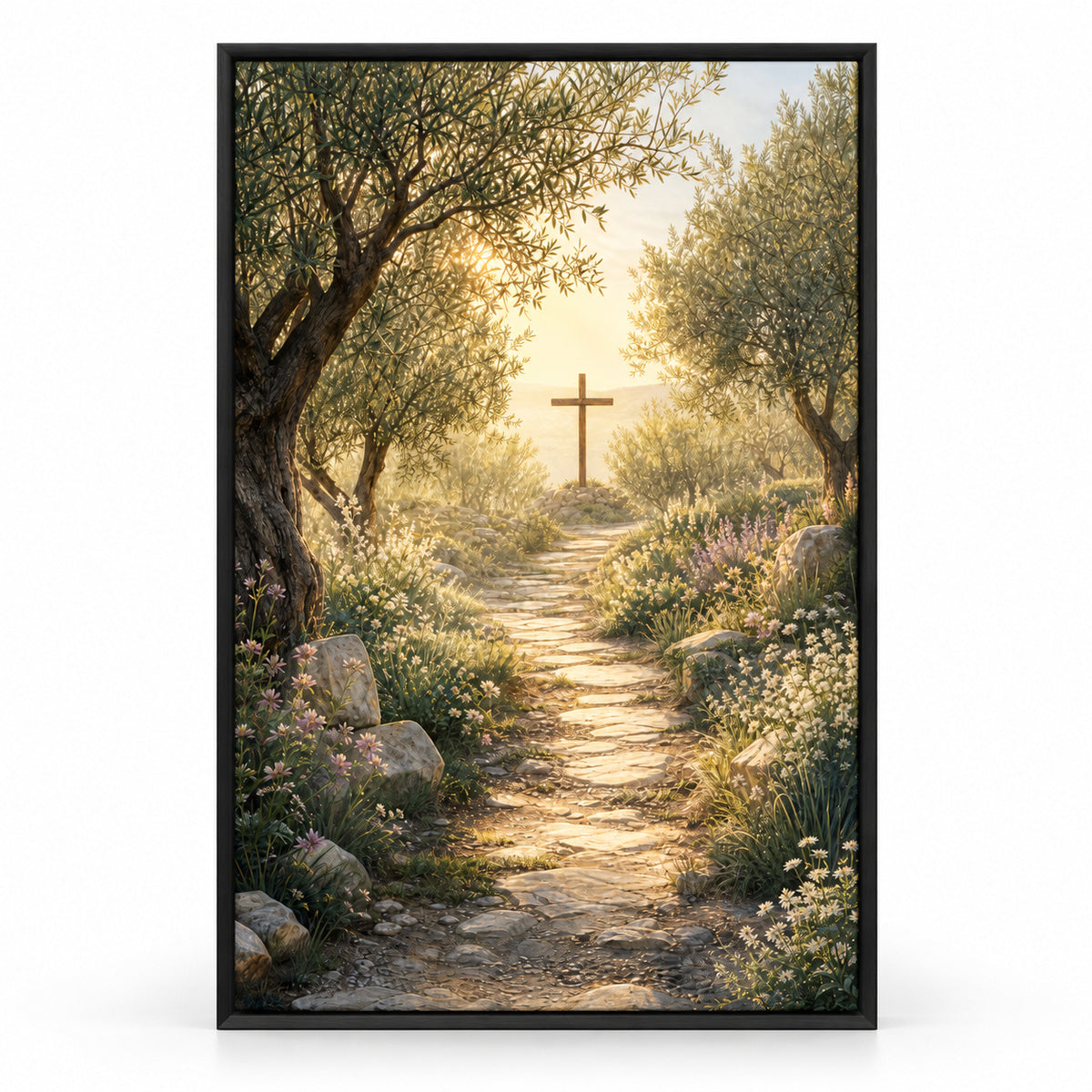 Soft Morning Cross Garden Canvas Wall Art | black_sku