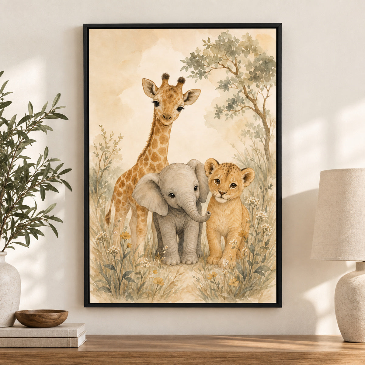 Gentle Safari Animals Nursery Canvas Wall Art | black_independent_close