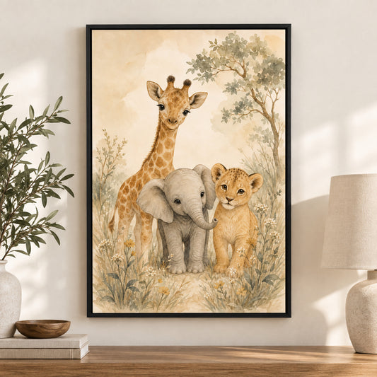Gentle Safari Animals Nursery Canvas Wall Art | black_independent_close