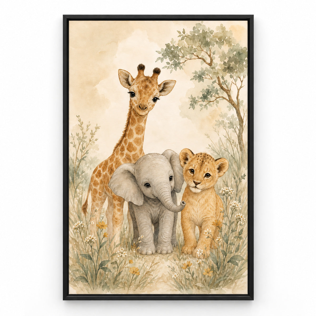 Gentle Safari Animals Nursery Canvas Wall Art | black_sku