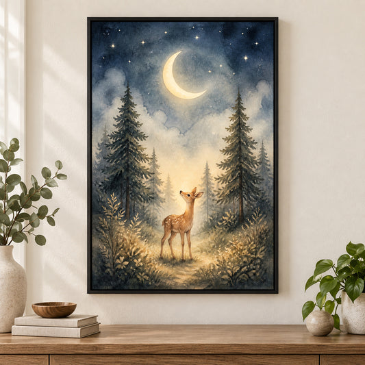 Moonlit Forest Deer Nursery Canvas Wall Art | black_independent_close