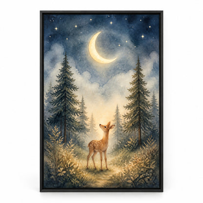 Moonlit Forest Deer Nursery Canvas Wall Art | black_sku