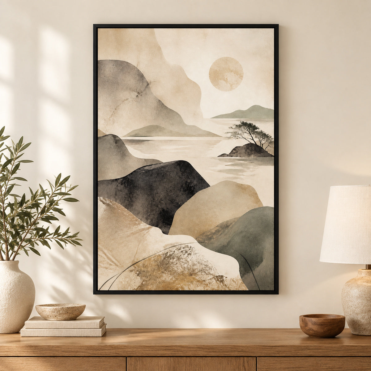Japandi Abstract Stone Landscape Canvas Wall Art | black_independent_close