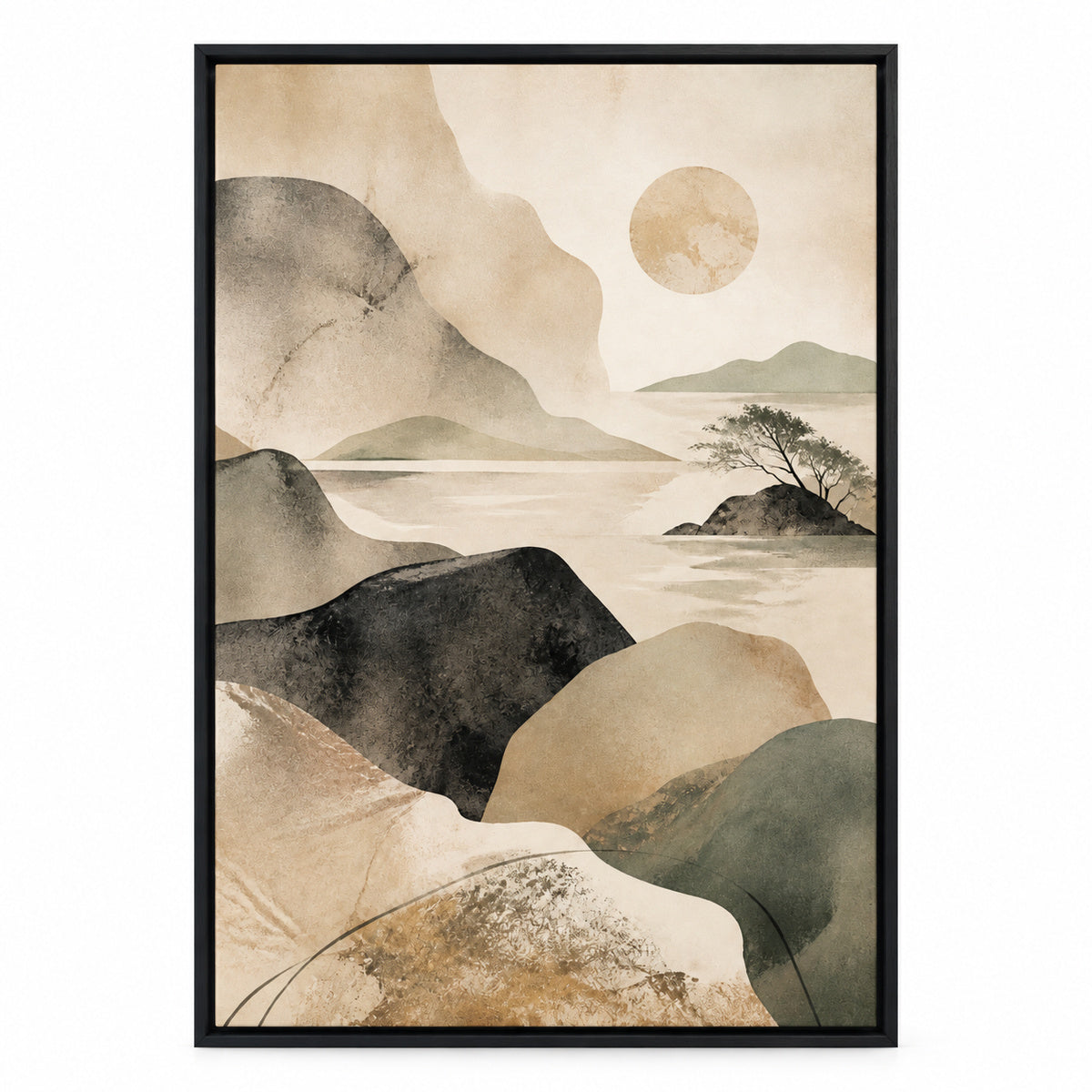 Japandi Abstract Stone Landscape Canvas Wall Art | black_sku