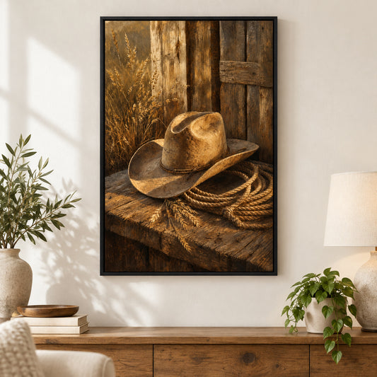 Rustic Cowboy Hat Still Life Canvas Wall Art | black_independent_close