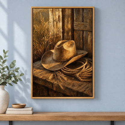 Rustic Cowboy Hat Still Life Canvas Wall Art | brown_independent_close