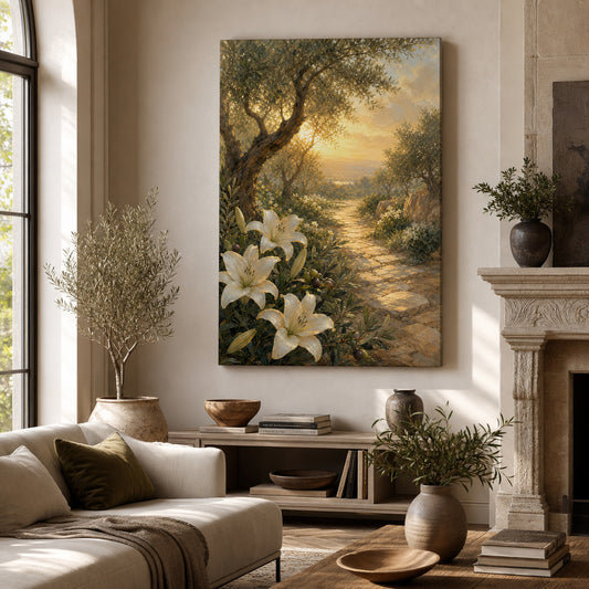 Soft Scripture Garden Light Canvas Wall Art — room scene