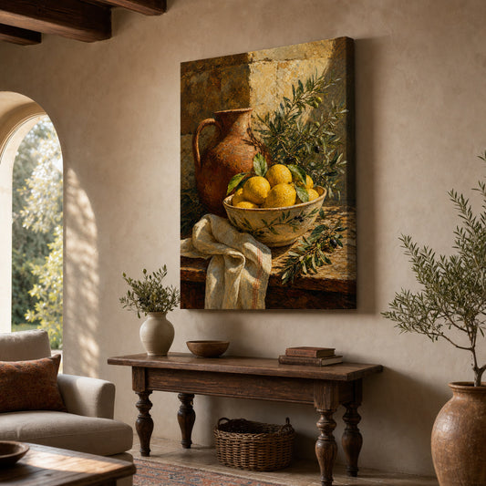 Tuscan Lemon Olive Still Life Canvas Wall Art — room scene