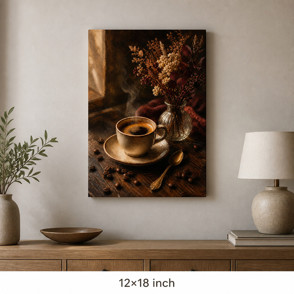Vintage Coffee Bar Kitchen Still Life Canvas Wall Art — 12×18 room mockup
