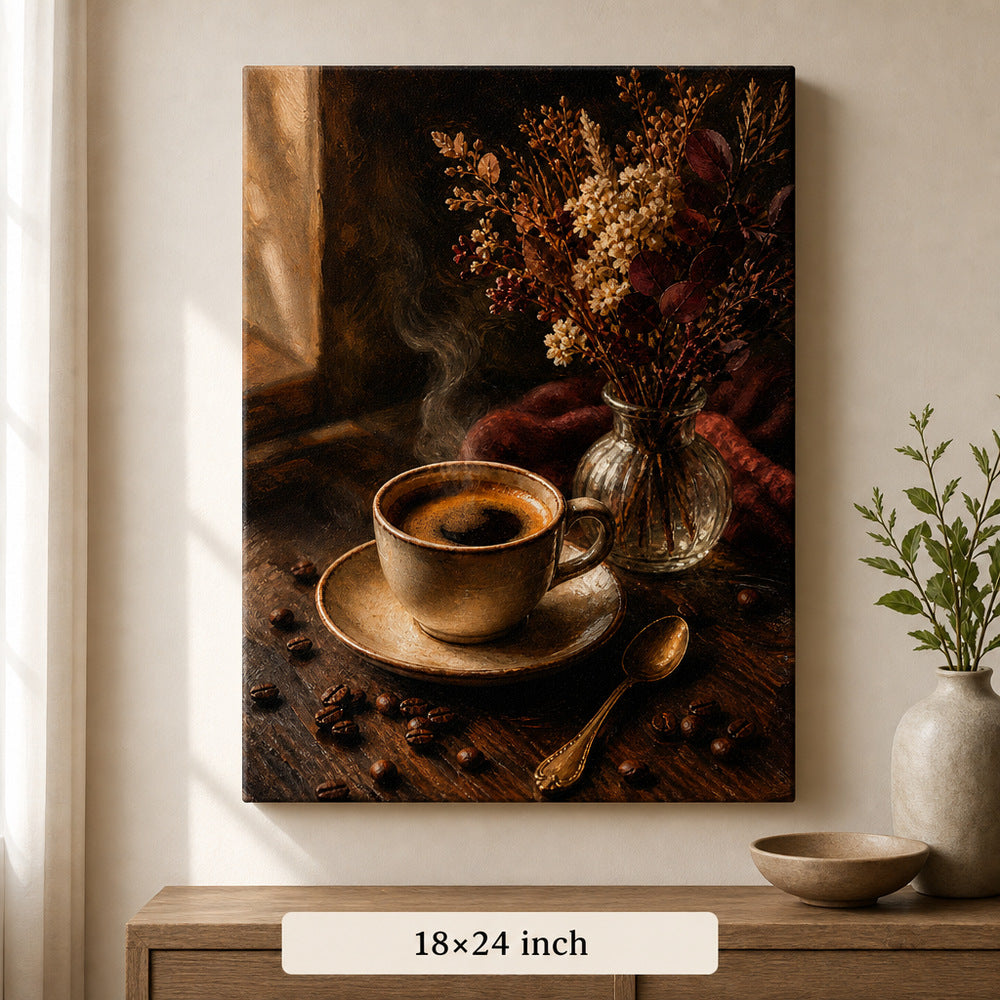 Vintage Coffee Bar Kitchen Still Life Canvas Wall Art — 18×24 room mockup