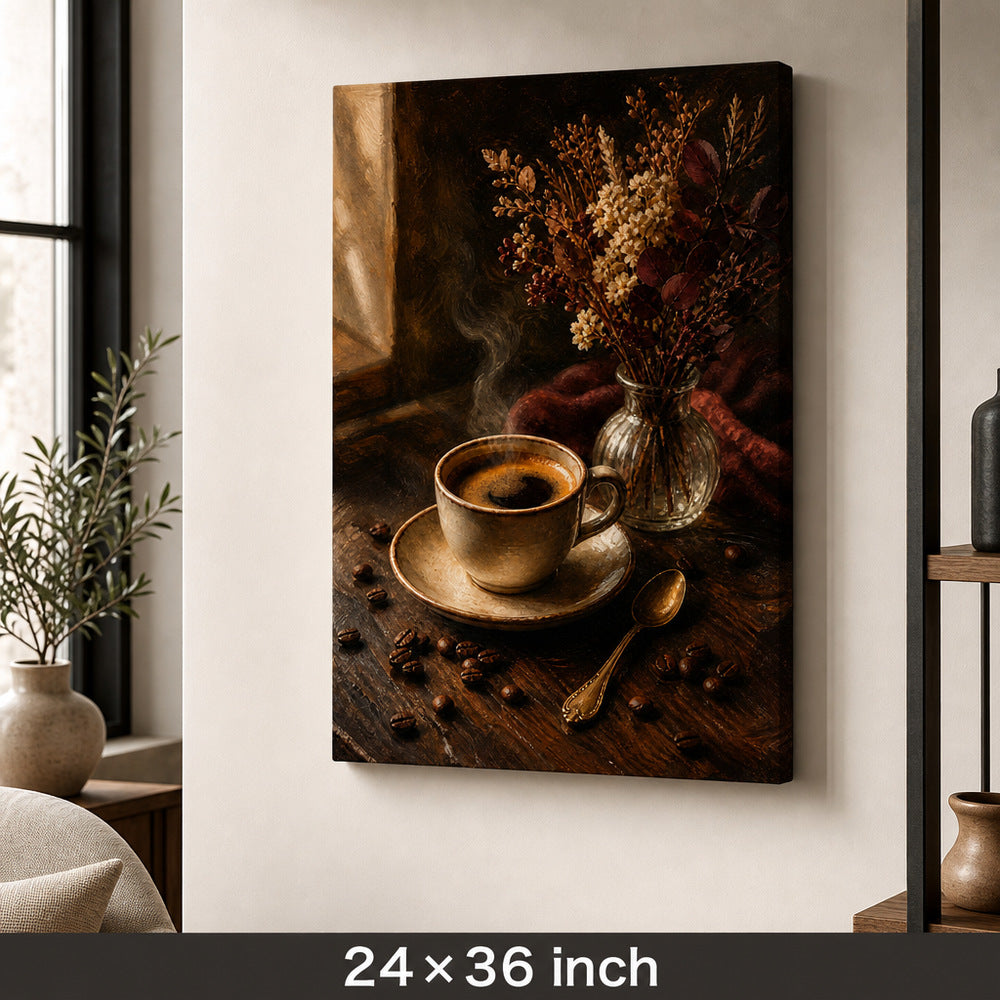 Vintage Coffee Bar Kitchen Still Life Canvas Wall Art — 24×36 room mockup