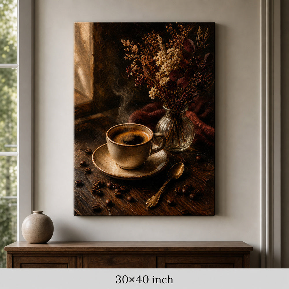 Vintage Coffee Bar Kitchen Still Life Canvas Wall Art — 30×40 room mockup