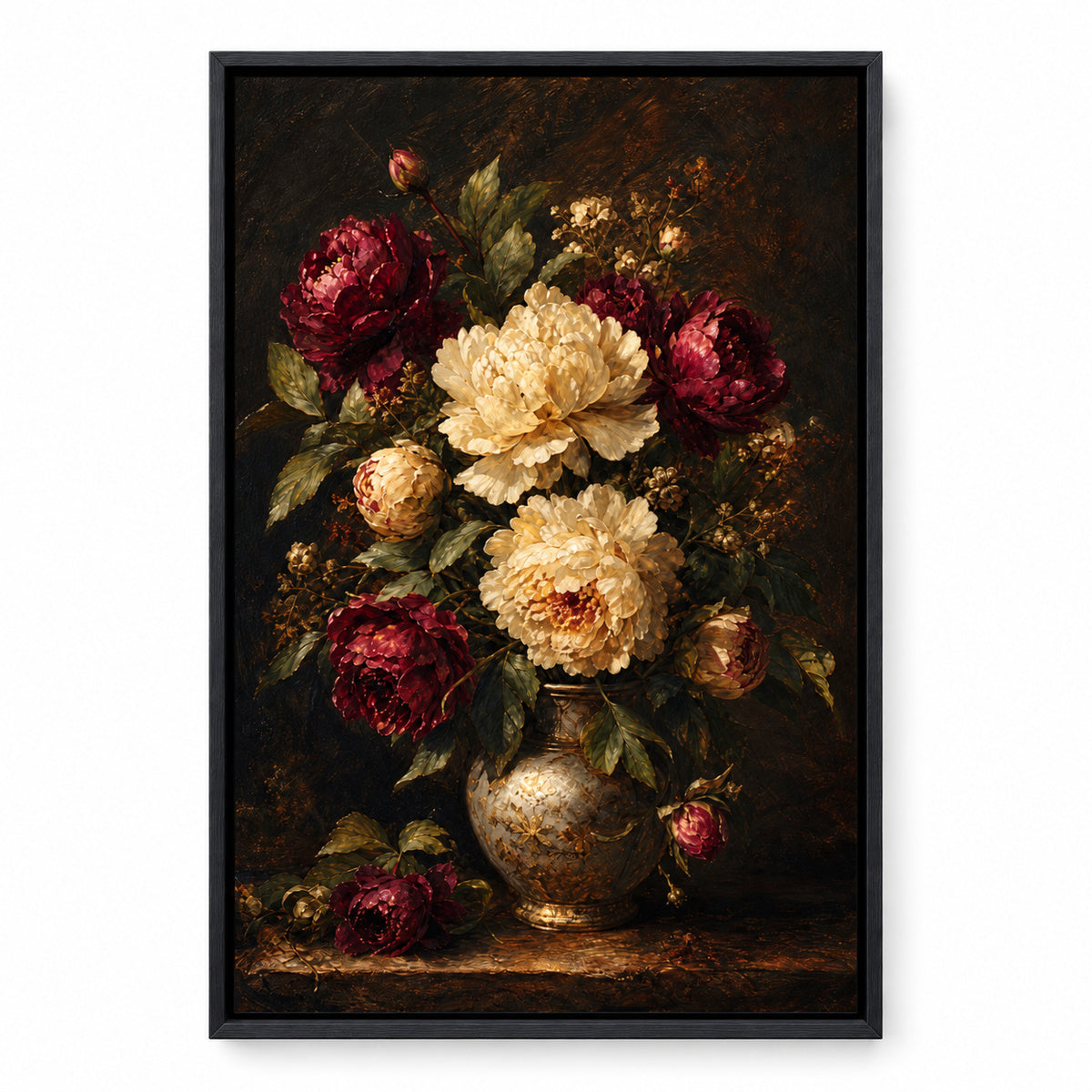 Großes, stimmungsvolles Leinwand-Wandbild mit dunklen Blumen | schwarz_sku