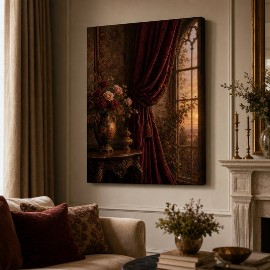 Victorian Rose Window Interior Canvas Wall Art — room scene