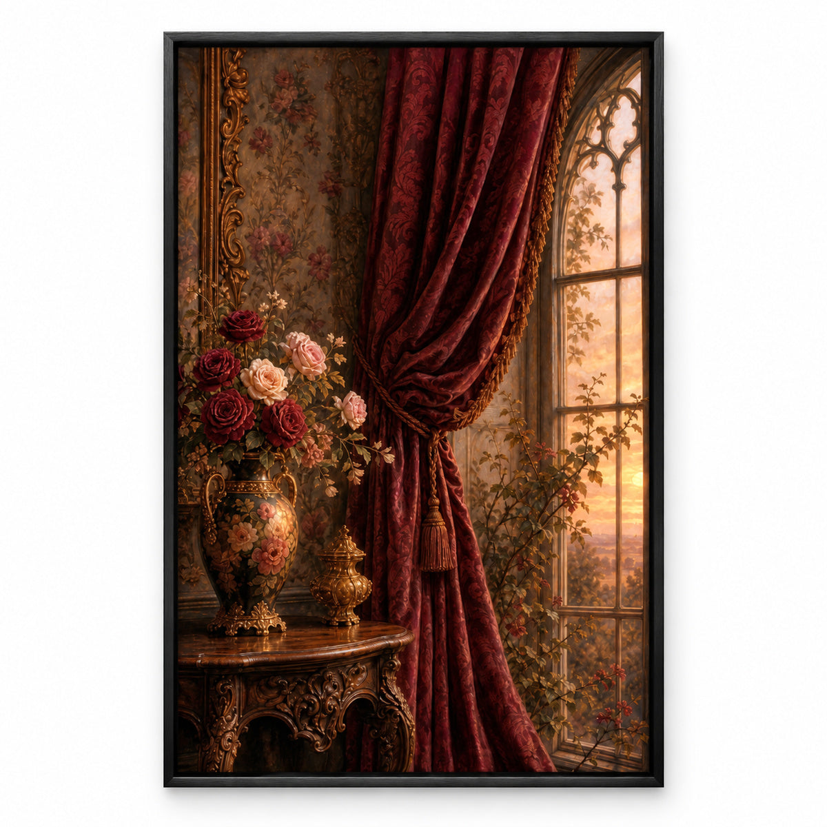 Victorian Rose Window Interior Canvas Wall Art | black_sku