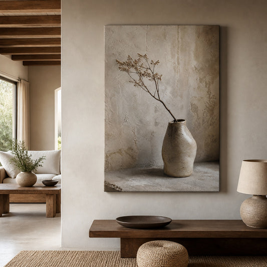 Neutral Wabi Sabi Ceramic Vase Canvas Wall Art — room scene