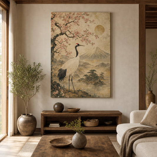 Vintage Japanese Crane Blossom Canvas Wall Art — room scene