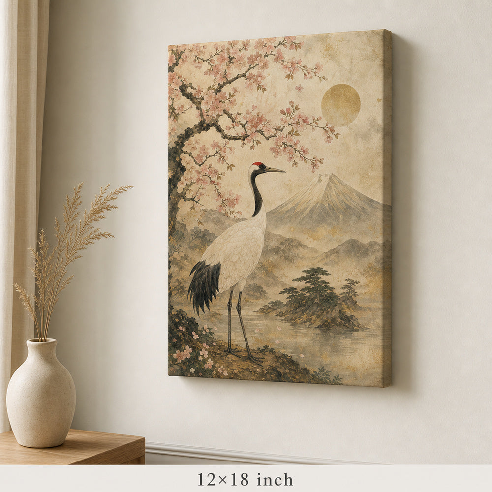 Vintage Japanese Crane Blossom Canvas Wall Art — 12×18 room mockup