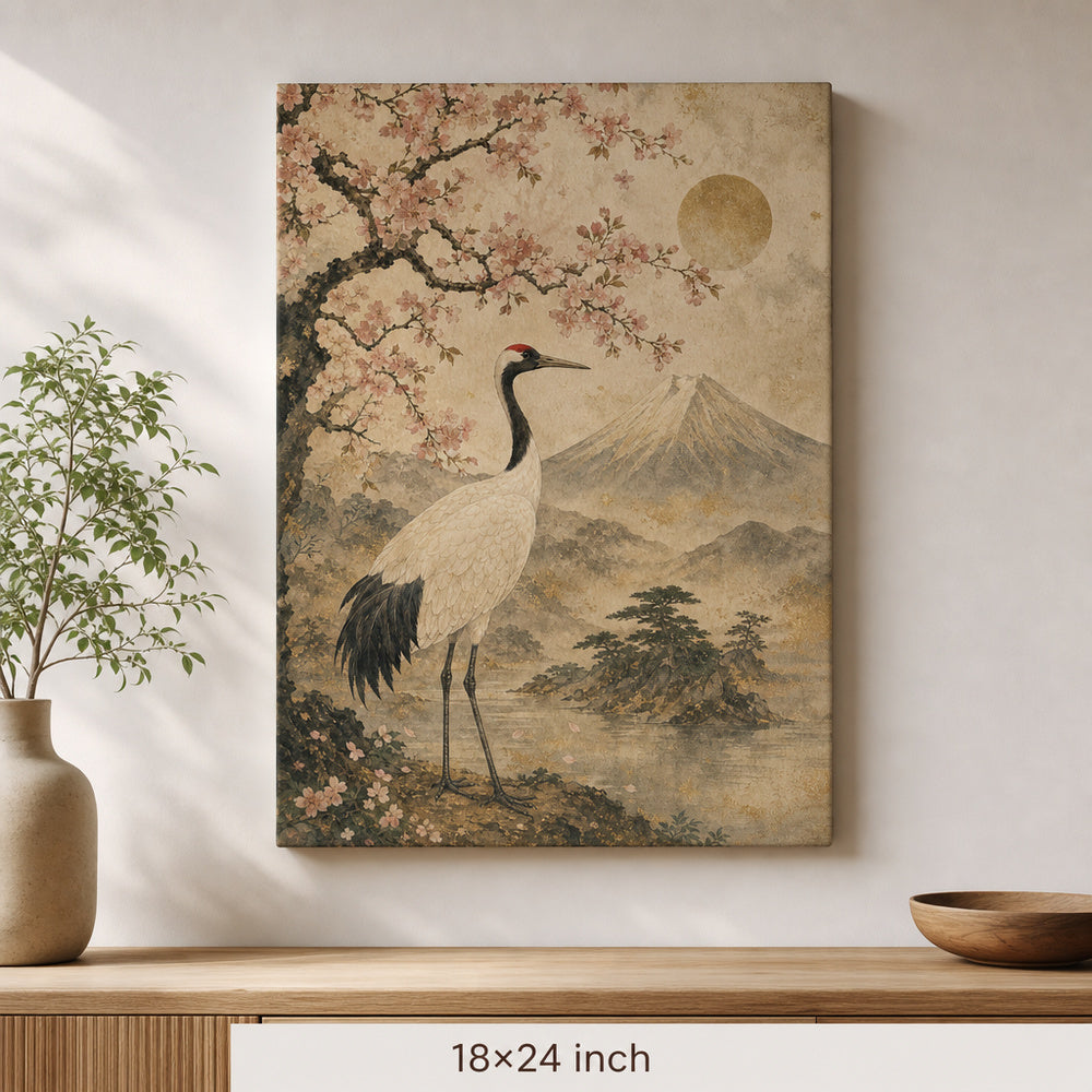 Vintage Japanese Crane Blossom Canvas Wall Art — 18×24 room mockup