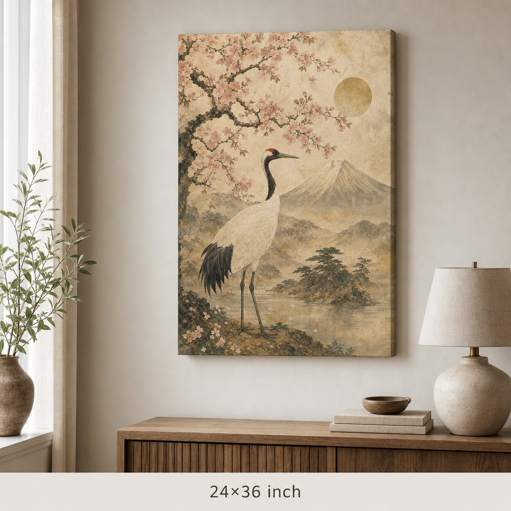 Vintage Japanese Crane Blossom Canvas Wall Art — 24×36 room mockup