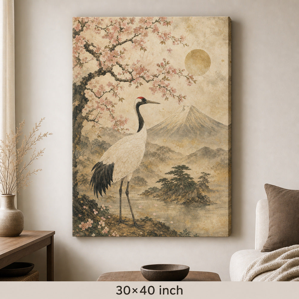 Vintage Japanese Crane Blossom Canvas Wall Art — 30×40 room mockup