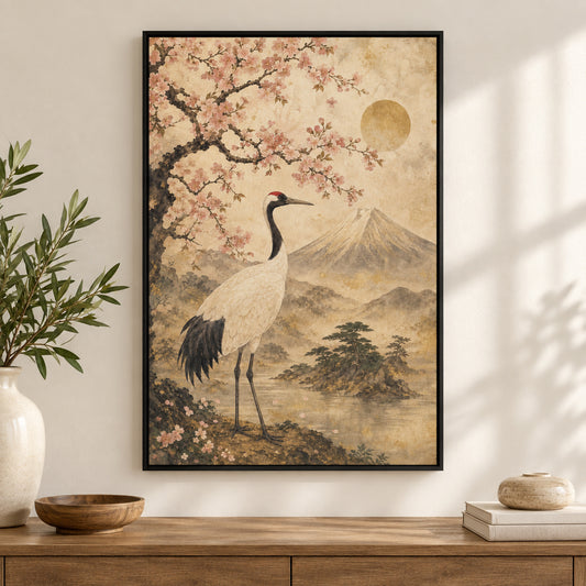 Vintage Japanese Crane Blossom Canvas Wall Art | black_independent_close