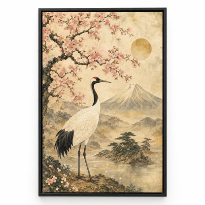 Vintage Japanese Crane Blossom Canvas Wall Art | black_sku