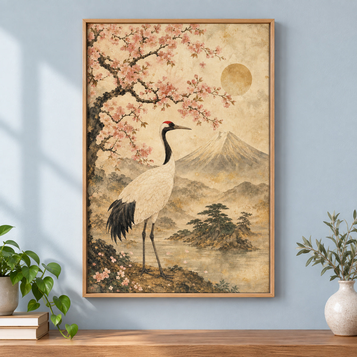 Vintage Japanese Crane Blossom Canvas Wall Art | brown_independent_close