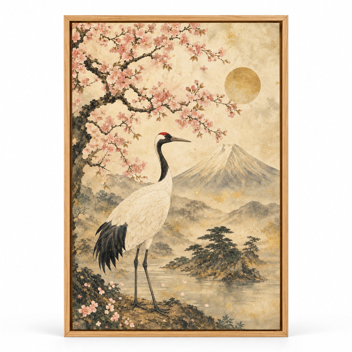 Vintage Japanese Crane Blossom Canvas Wall Art | brown_sku