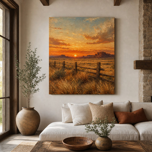 Vintage Western Sunset Canvas Wall Art — room scene
