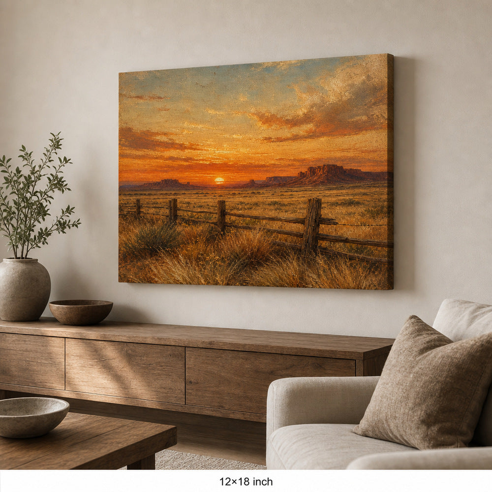 Vintage Western Sunset Canvas Wall Art — 12×18 room mockup