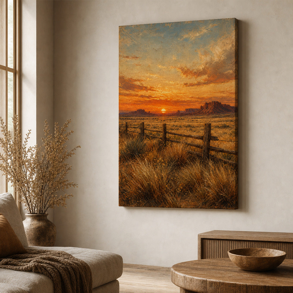 Vintage Western Sunset Canvas Wall Art — 24×36 room mockup
