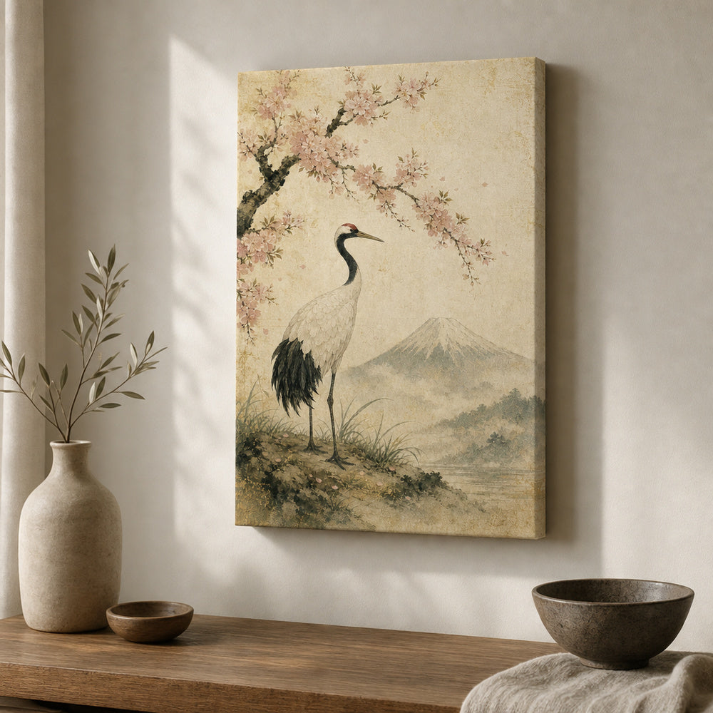 Vintage Japanese Crane Canvas Wall Art — 12×18 room mockup