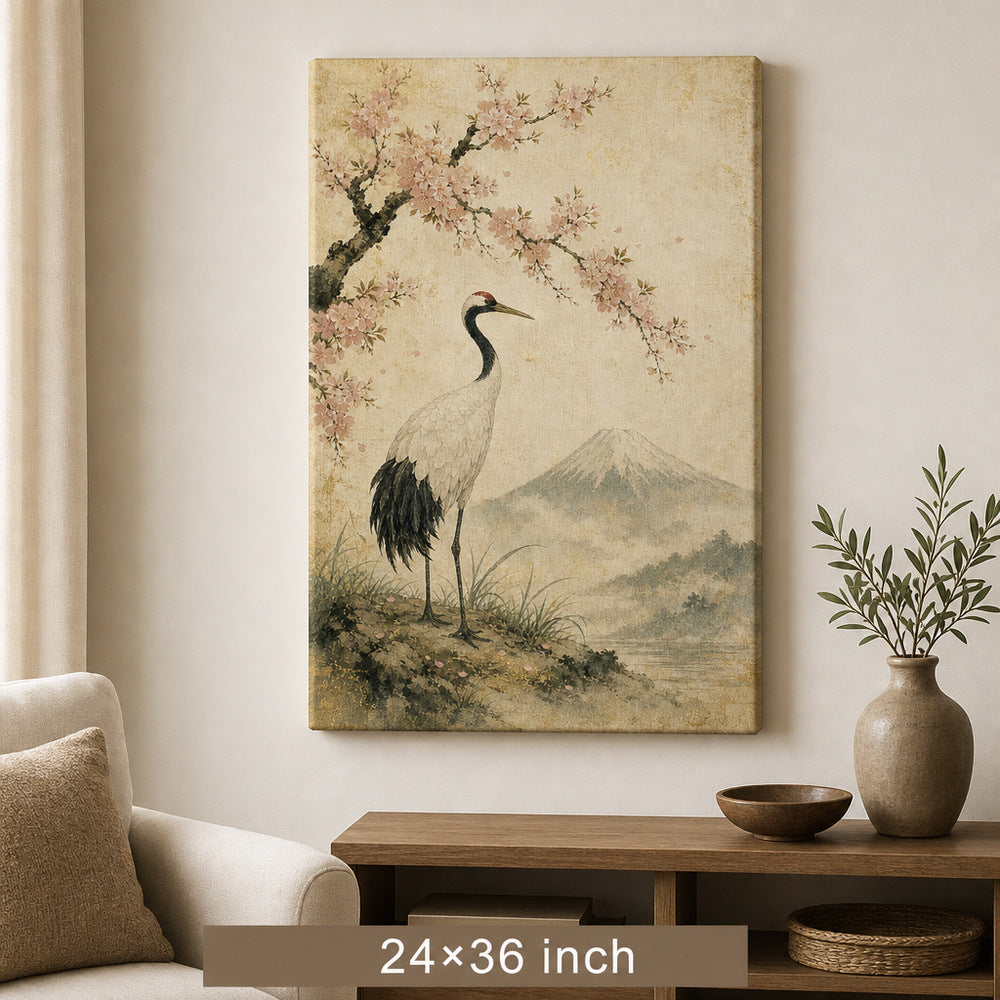 Vintage Japanese Crane Canvas Wall Art — 24×36 room mockup