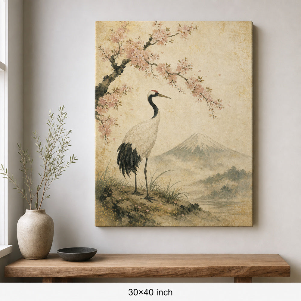 Vintage Japanese Crane Canvas Wall Art — 30×40 room mockup