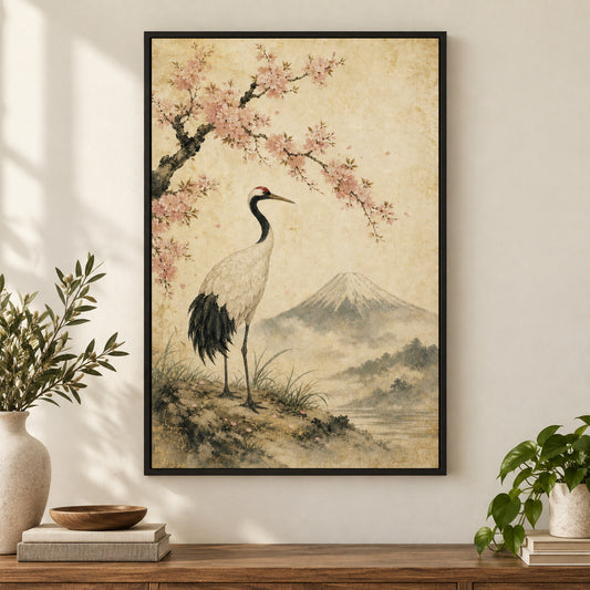 Vintage Japanese Crane Canvas Wall Art | black_independent_close