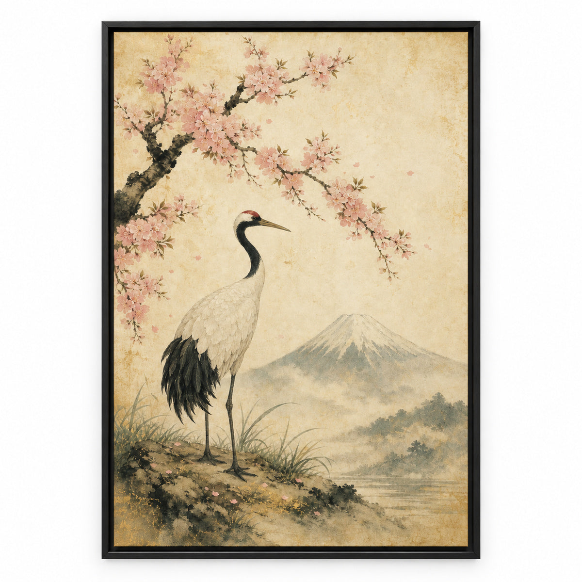 Vintage Japanese Crane Canvas Wall Art | black_sku