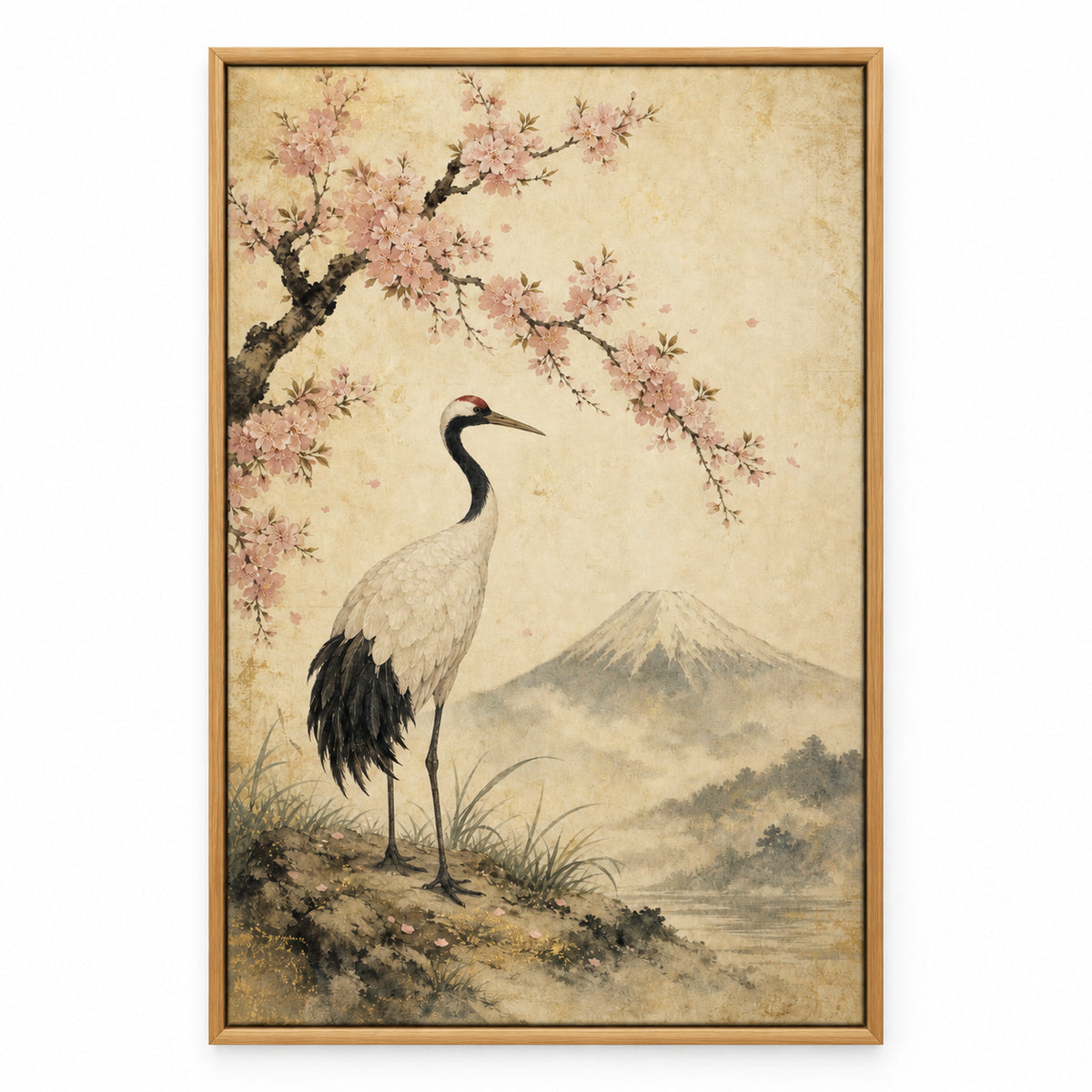 Vintage Japanese Crane Canvas Wall Art | brown_sku