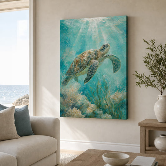 Sea Turtle Coastal Canvas Wall Art — room scene