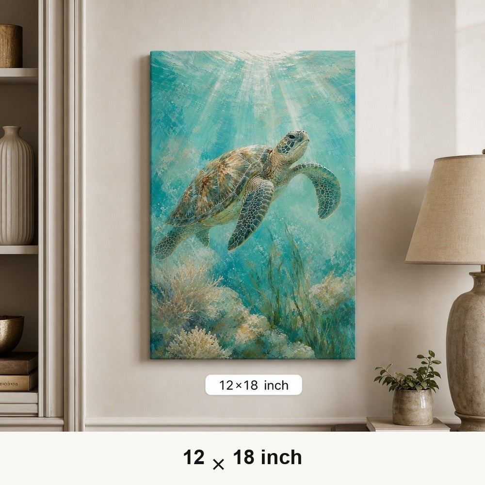 Sea Turtle Coastal Canvas Wall Art — 12×18 room mockup