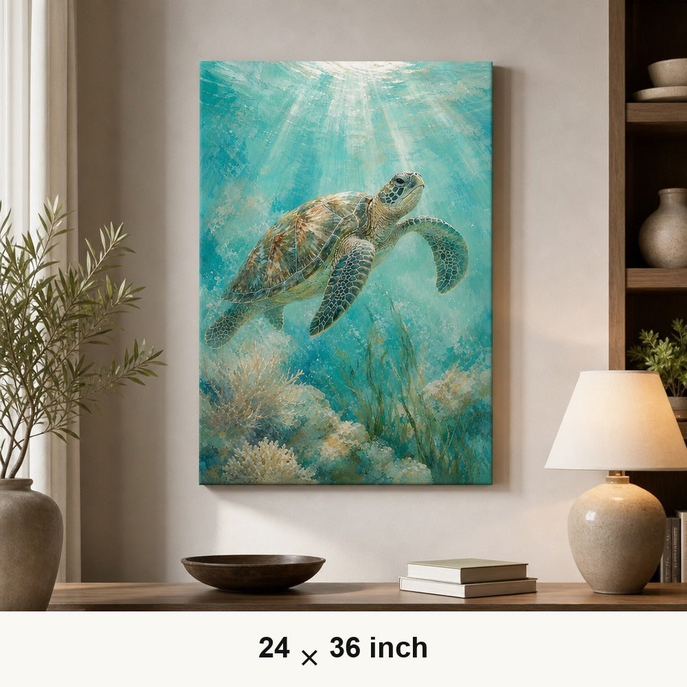Sea Turtle Coastal Canvas Wall Art — 24×36 room mockup