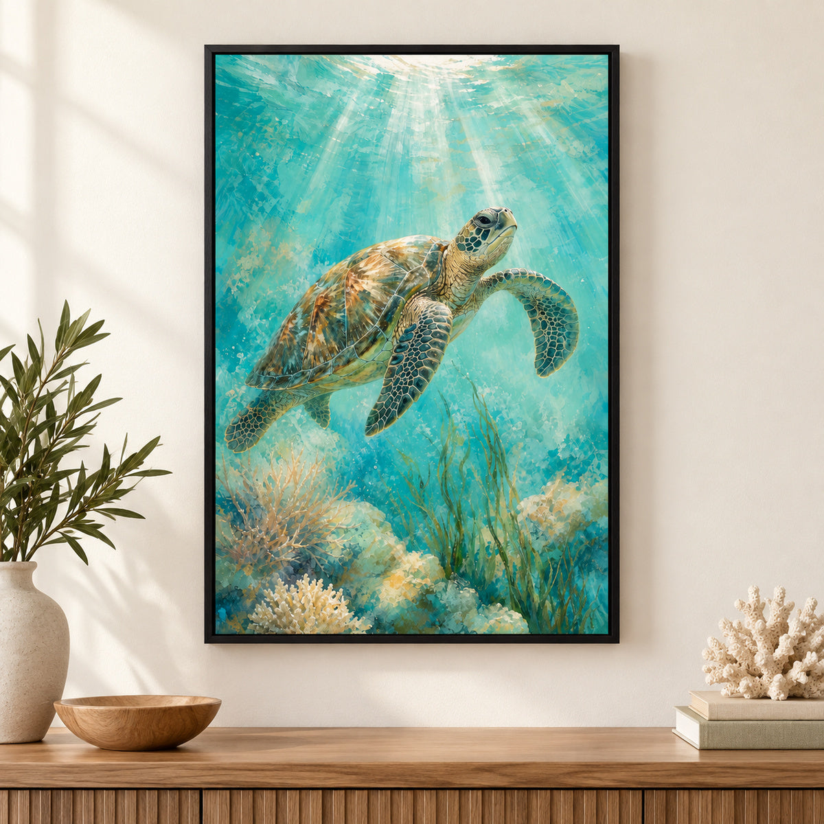 Sea Turtle Coastal Canvas Wall Art | black_independent_close