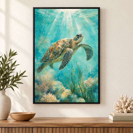 Sea Turtle Coastal Canvas Wall Art | black_independent_close