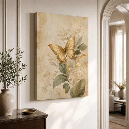 Gold Butterfly Botanical Canvas Wall Art — room scene