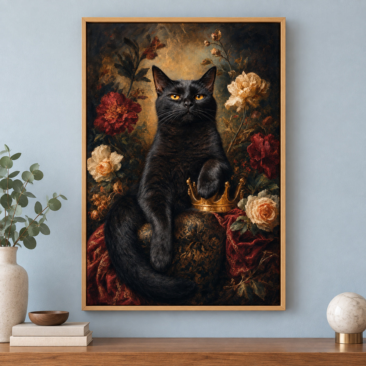 Serious Black Cat Portrait Canvas Wall Art | brown_independent_close