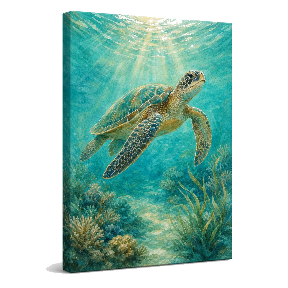 Sunlit Sea Turtle Coastal Canvas Wall Art - coastal wall decor by AUSJOJO